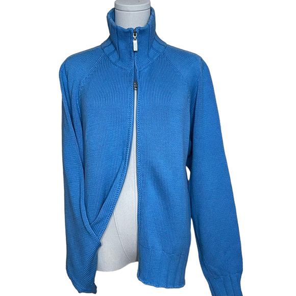 Vintage ALPS Knit Full Zip Sweater Cardigan Women's L Blue 100% Cotton High Neck - Picture 6 of 10
